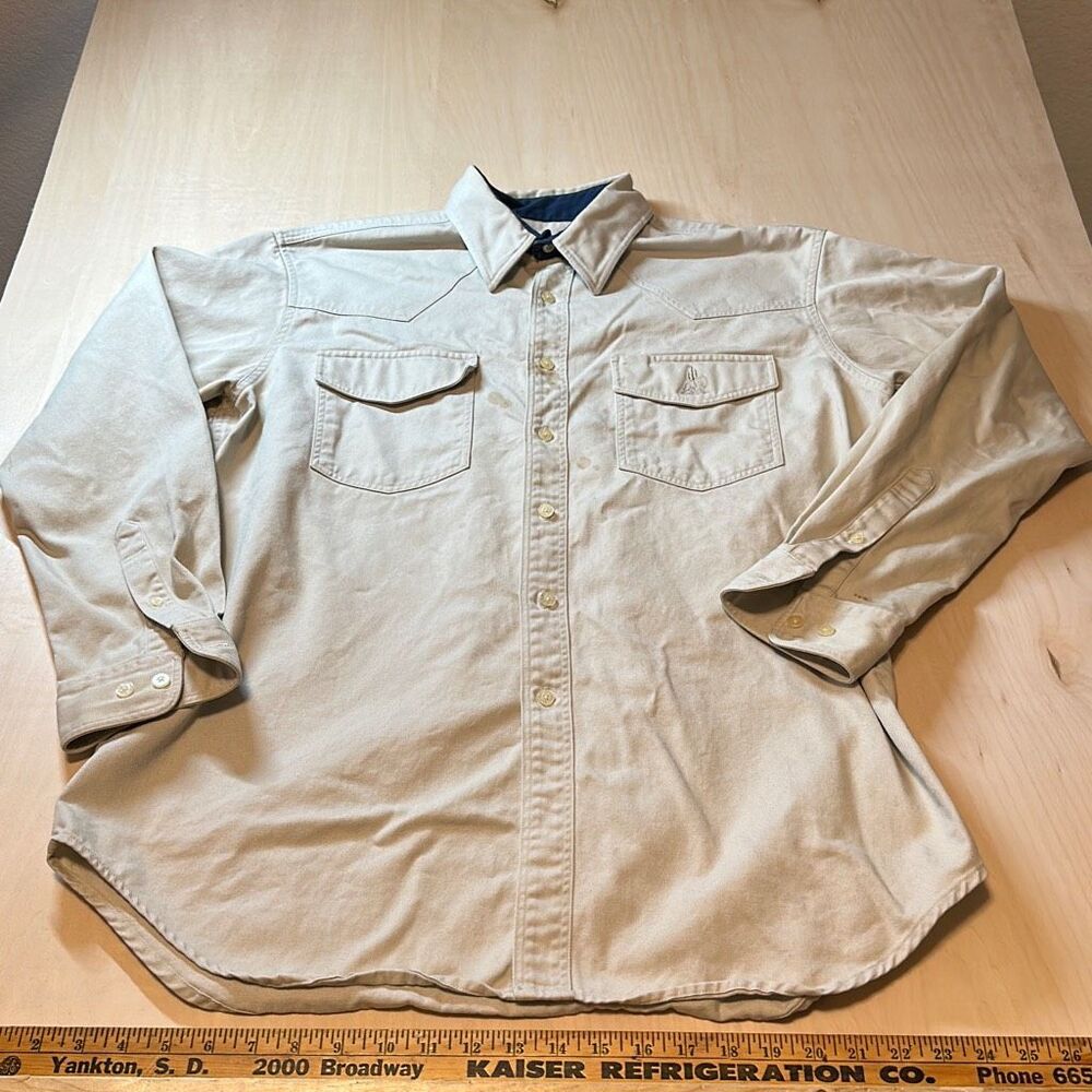 Vintage 90s IMUS Auto Body Santa Fe Denim‎ Shirt Vtg 1990s Distressed Work USA L